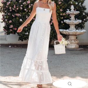 VICI CEREMONY SMOCKED EMBROIDERED LACE MAXI DRESS